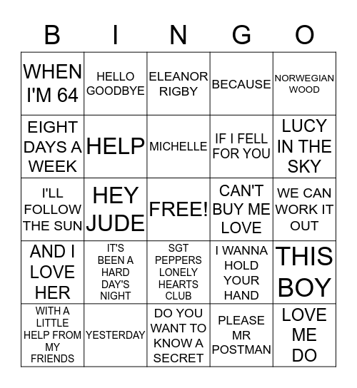 BEATLE MANIA Bingo Card