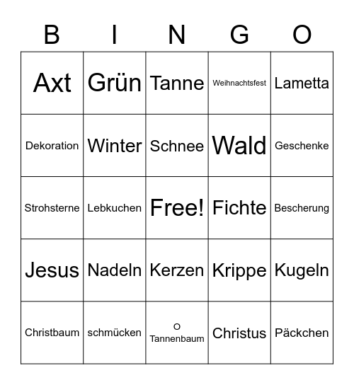 Tannenbaum Bingo Card