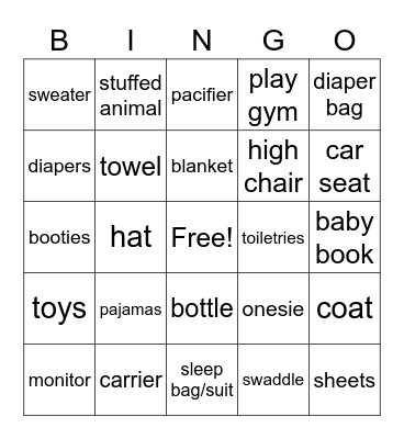 Cindy's Baby Shower Bingo Card