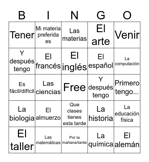 Talking about clases  Bingo Card