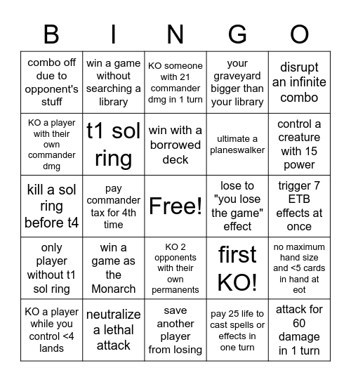 Commander Night Bingo Card