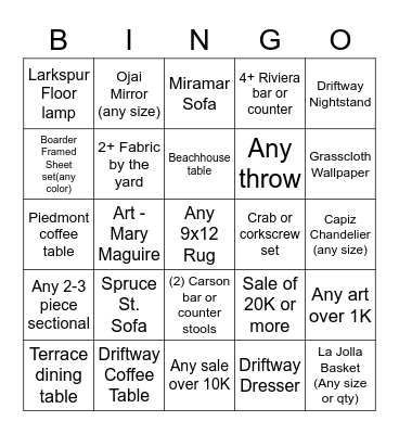 Serena and Lily Bingo Card