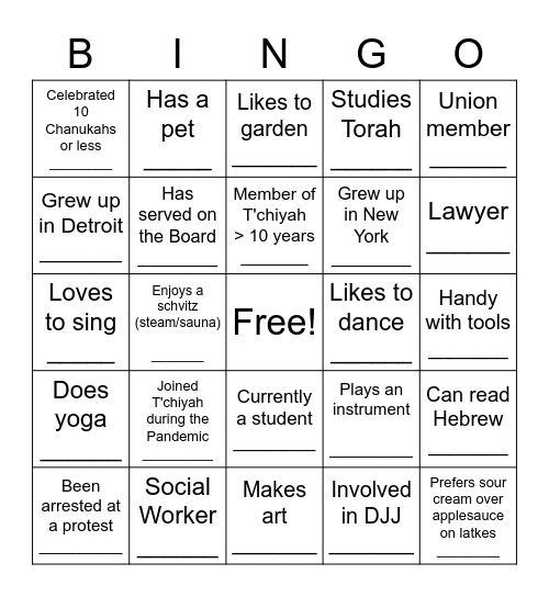 T'chiyah Human Bingo! Bingo Card