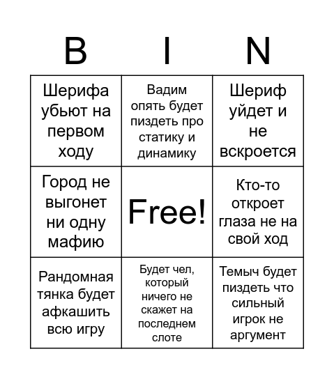 Бинго для игры в мафию Bingo Card