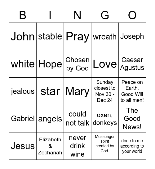 Advent/Nativity Bingo Card