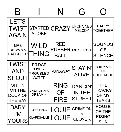 BACK TO THE 60'S Bingo Card