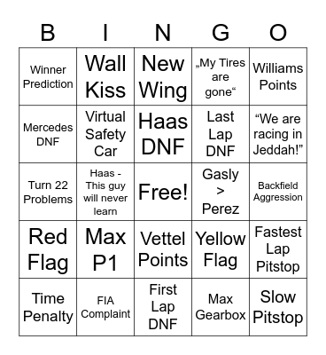 Saudi Arabia Grand Prix Bingo Card