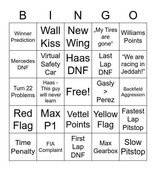 Saudi Arabia Grand Prix Bingo Card