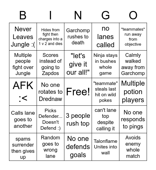 Unite Jank Bingo Card