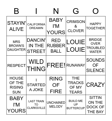 BACK TO THE 60'S Bingo Card