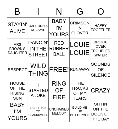 BACK TO THE 60'S Bingo Card