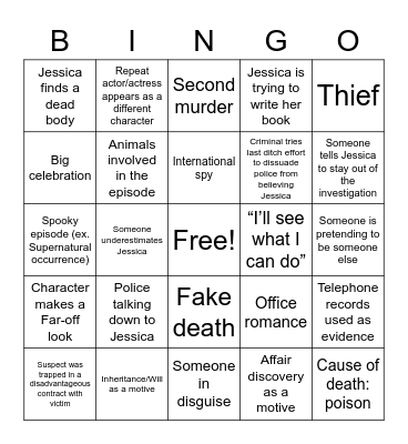Murder She Wrote Bingo Card