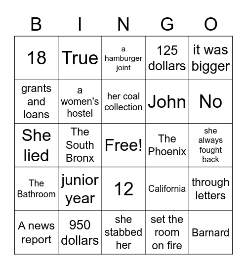 The Glass Castle New York Chapter Bingo Card