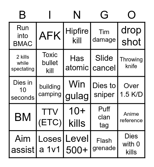 Warzone Bingo Card