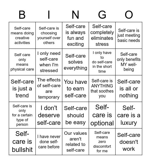 Self-Care Myths Bingo Card