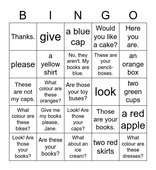 VanThink English 1A Lesson 14 Bingo Card