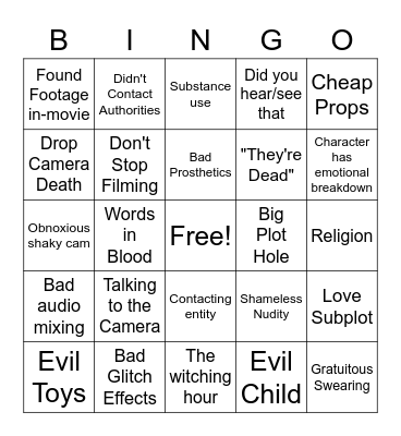 Found Footage Film Fest Bingo Card