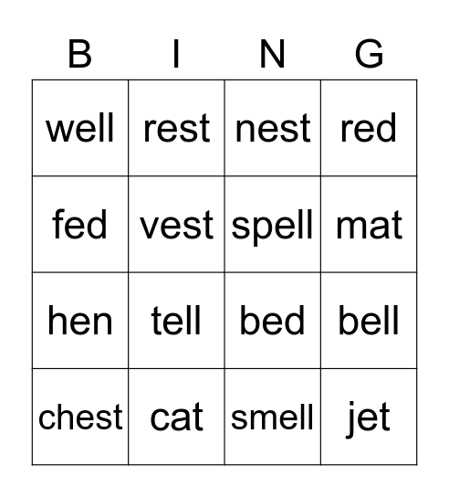 Short Vowels Bingo Card