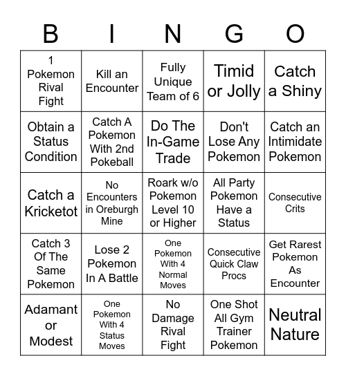 Hardcore Bingo Nuzlocke Gym 1 Bingo Card