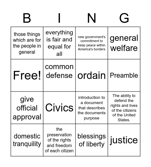 United States Constitution Preamble Bingo Card