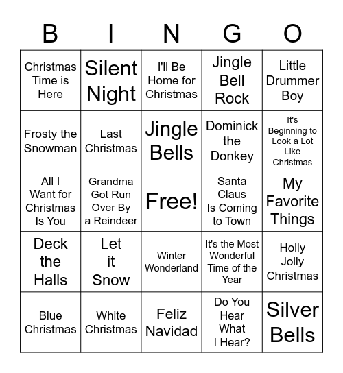 Holiday Music Bingo Card