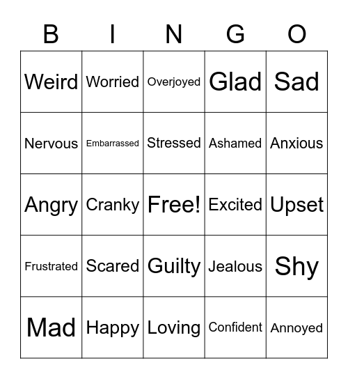 Feelings Card Bingo Card