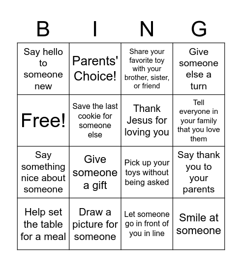 Generosity Bingo PreK/K Bingo Card