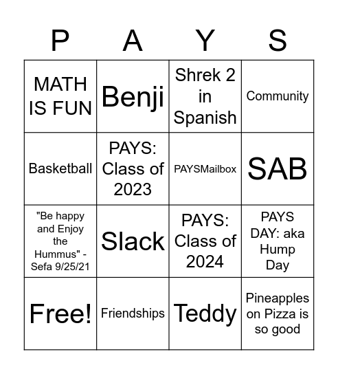 PAYS Bingo Card