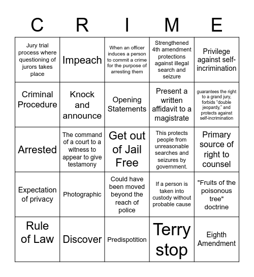 Criminal Procedure Bingo Card