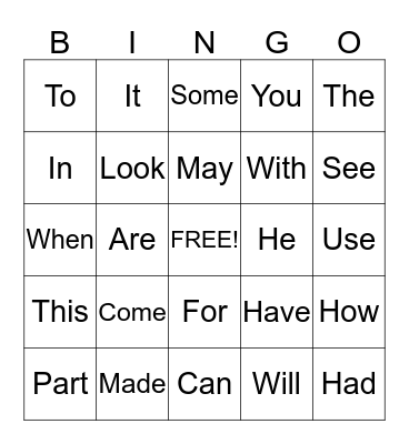 Sight Words Bingo Card
