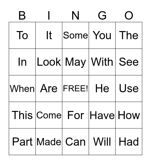 Sight Words Bingo Card