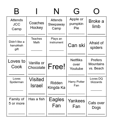 JCC Teen Club Bingo Card