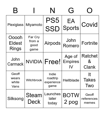 Game Awards Bingo Card