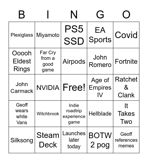 Game Awards Bingo Card