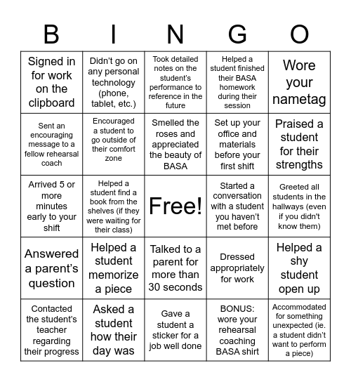 Rehearsal Coaching Bingo Card