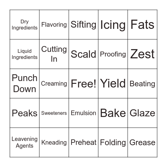 BAKING TERMS Bingo Card
