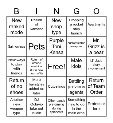 Splatoon 3 Predictions bingo Card