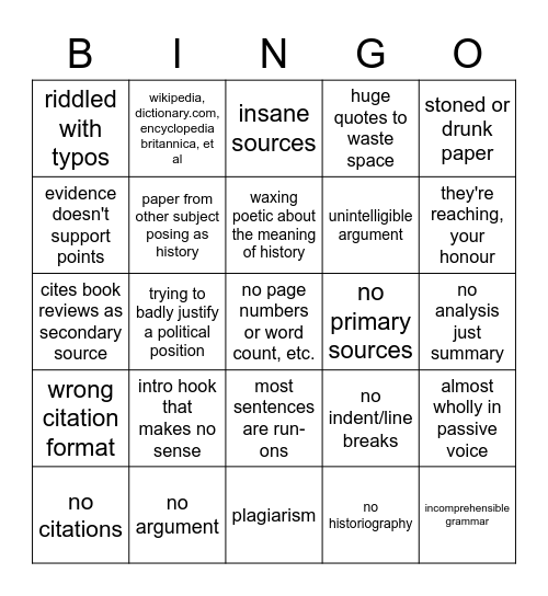 bad paper bingo Card