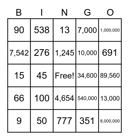 Long Numbers Bingo Card