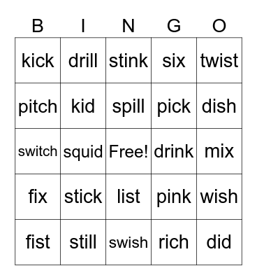 i  words Bingo Card