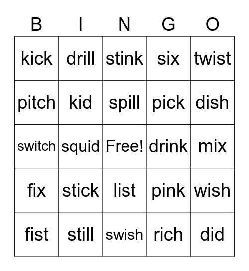 i  words Bingo Card