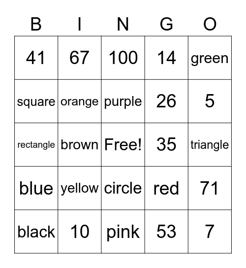 Numbers, Colors, Shapes Bingo Card