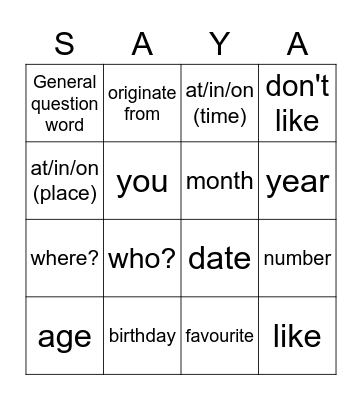 Tentang Saya! Bingo Card