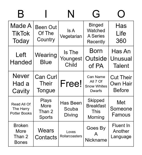 Get To Know You Bingo Card
