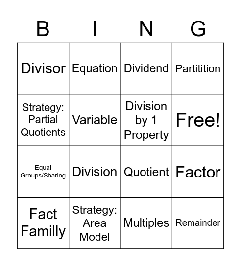 Division Vocabulary! Bingo Card