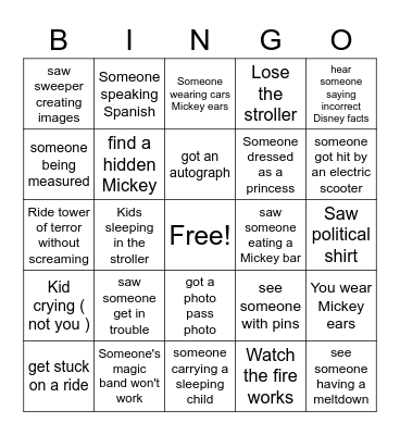 Hollywood Studios Bingo Card