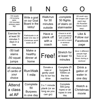 ANYTIME FITNESS CHRISTMAS BINGO Card