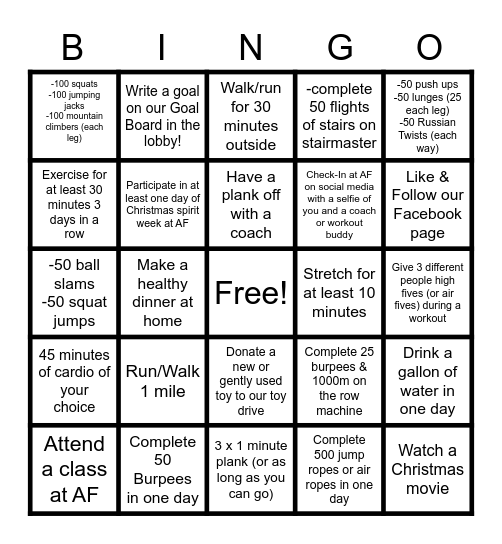 ANYTIME FITNESS CHRISTMAS BINGO Card