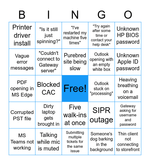 Service Desk BINGO Card