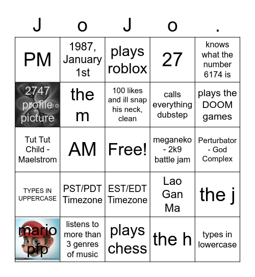 no idea tbh Bingo Card